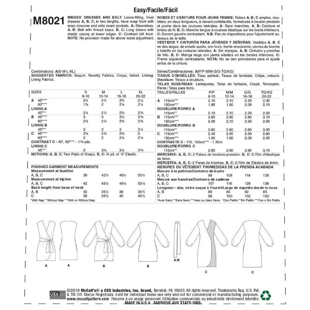 McCalls Sewing Pattern 8021 10417 Dresses & Belt Misses Size 8-22‎